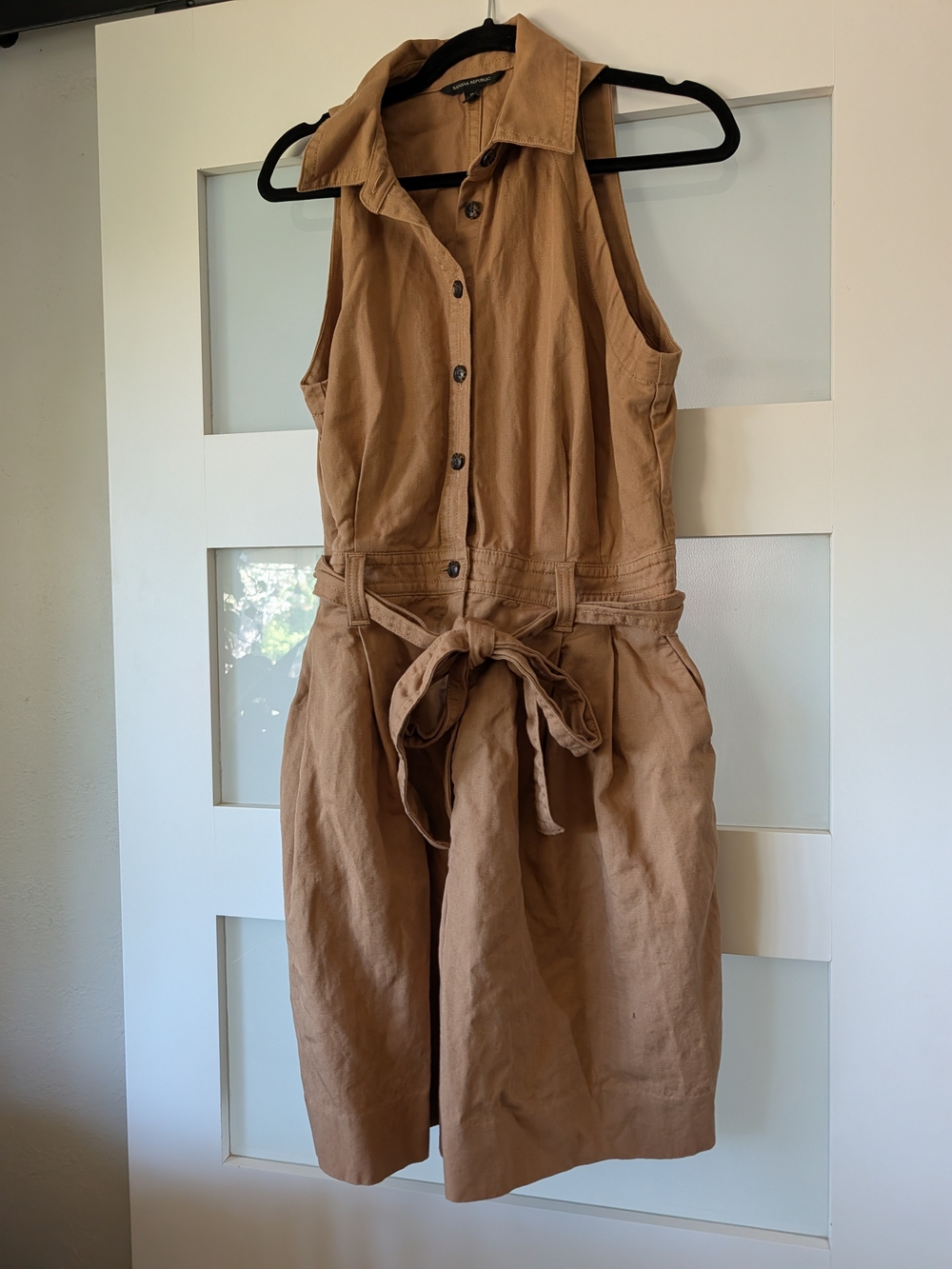 Banana Republic Sleeveless Button-Front Tie-Waist Jumpsuit in Camel Brown